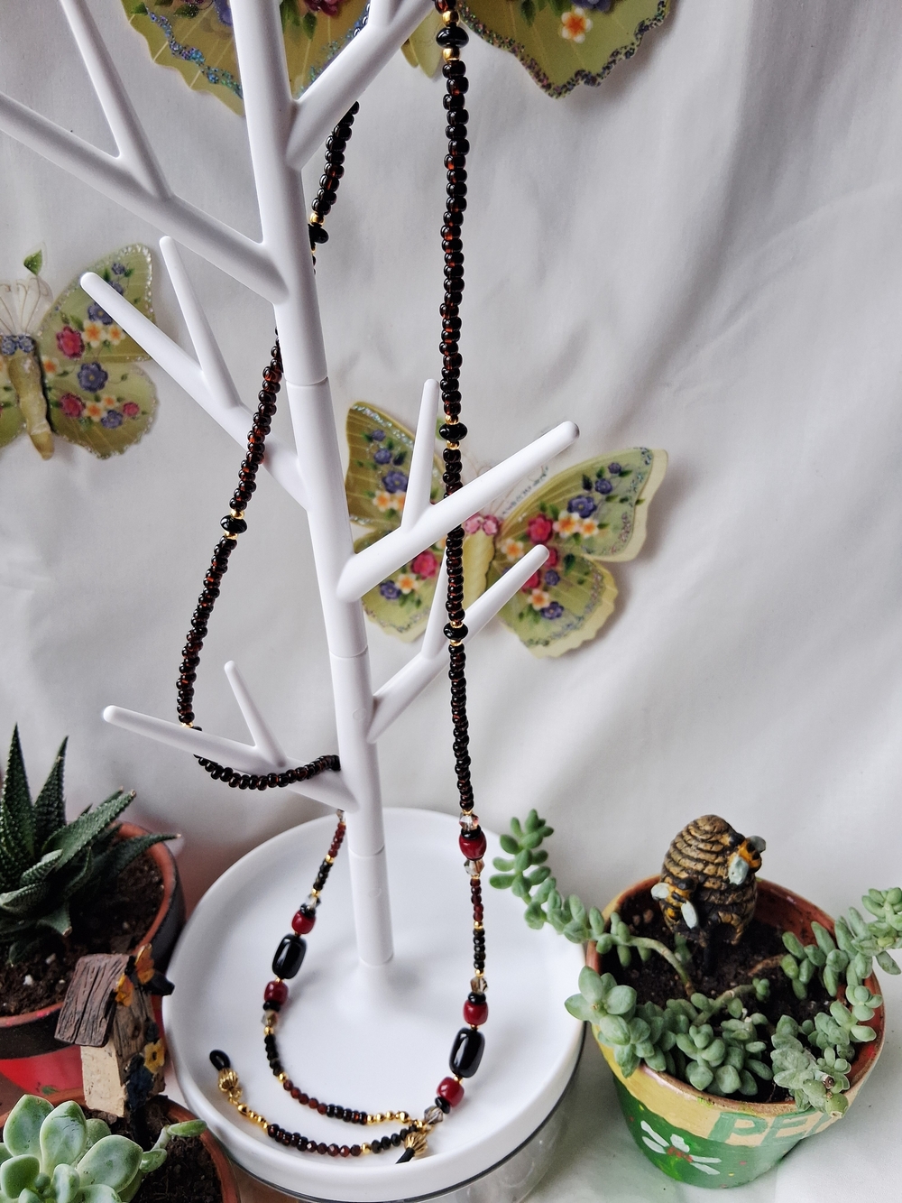 Granite Red And Black Barrel Beaded and Gold Accents Long Eyeglass Chain